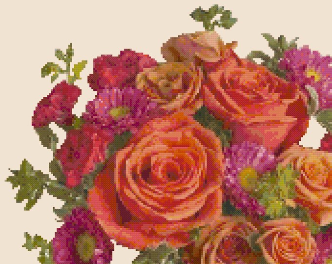 FLORAL BOUQUET 5 Roses Daisys Cross Stitch Pattern (approx.  9.75" x 9")(B-W and Color Key & Charts included)