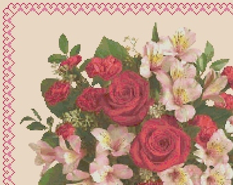 FLORAL BOUQUET 3 Roses Lilies With Border Cross Stitch Pattern (approx.  11" x 9.5")(B-W and Color Key & Charts included)