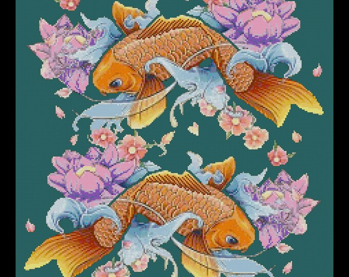 KOI 3  Cross Stitch / Needlepoint Pattern (approx. 11.5"x 14.5")(Enlarged Color Key & Chart) Asian Koi Carp