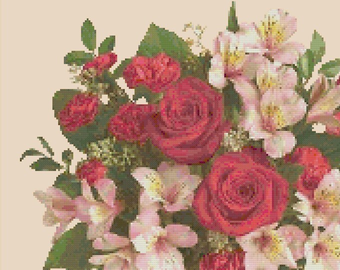 FLORAL BOUQUET 3 Roses Lilies Cross Stitch Pattern (approx.  10" x 8")(B-W and Color Key & Charts included)