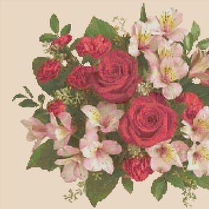 FLORAL BOUQUET 3 Roses Lilies Cross Stitch Pattern (approx.  10&quot; x 8&quot;)(B-W and Color Key & Charts included)