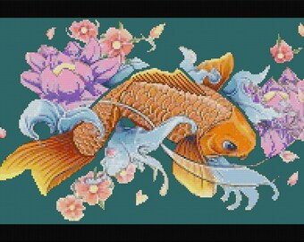 KOI 1  Cross Stitch / Needlepoint Pattern (approx. 11"x 7")(Enlarged Color Key & Chart) Asian Koi Carp