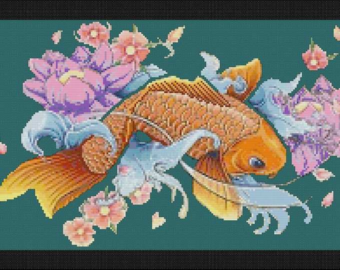 KOI 1  Cross Stitch / Needlepoint Pattern (approx. 11"x 7")(Enlarged Color Key & Chart) Asian Koi Carp