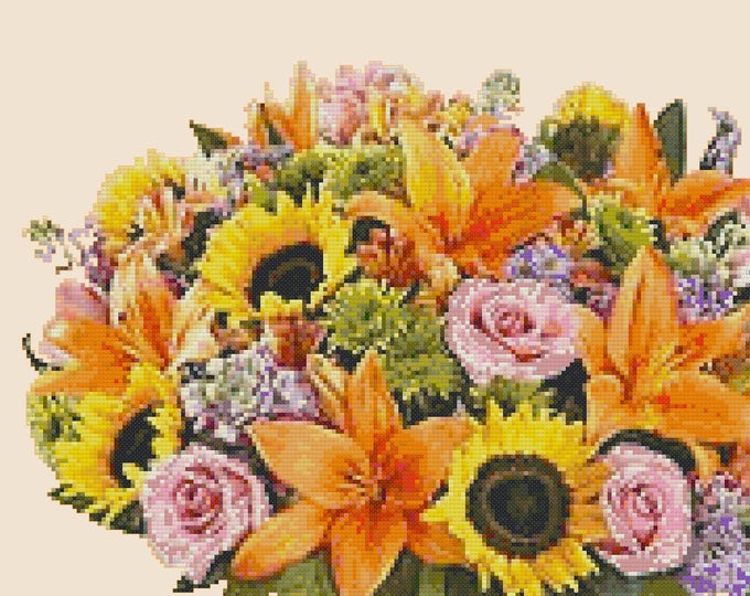 FLORAL BOUQUET 4 Roses Lilies Cross Stitch Pattern (approx.  9.5" x 6.75")(B-W and Color Key & Charts included)