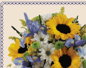 FLORAL BOUQUET 7 Sunflowers Daisys With Border (and Iris) Cross Stitch Pattern (approx.13.25"x11.5")(B-W and Color Key & Charts included)