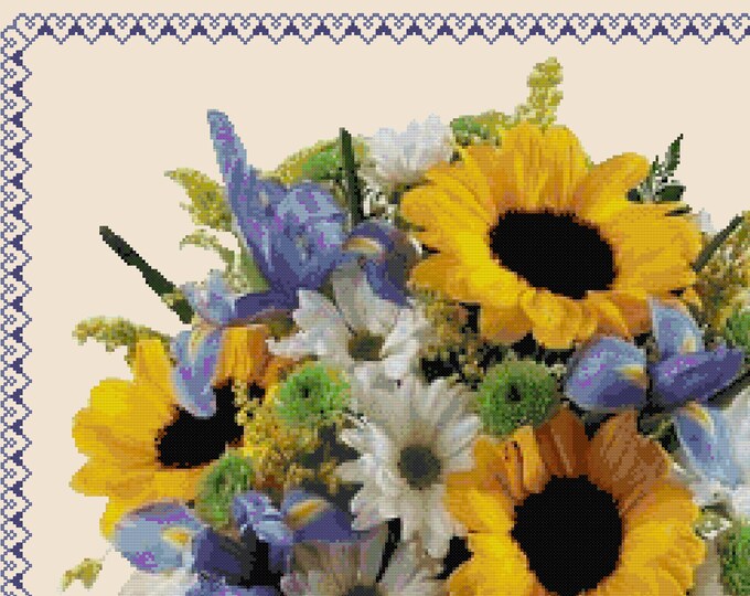FLORAL BOUQUET 7 Sunflowers Daisys With Border (and Iris) Cross Stitch Pattern (approx.13.25"x11.5")(B-W and Color Key & Charts included)