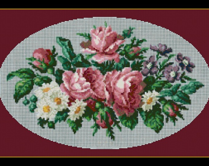 Beautiful "ROSES 2"  Cross Stitch Pattern (approx. 13.5"x 9")(Enlarged Color Key & Chart)