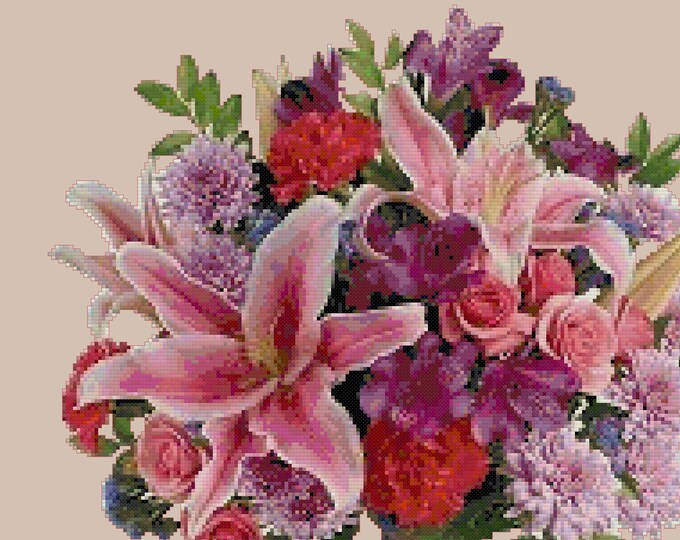 FLORAL BOUQUET 1 Roses Lilies Cross Stitch Pattern (approx.  9" x 8")(B-W and Color Key & Charts included)
