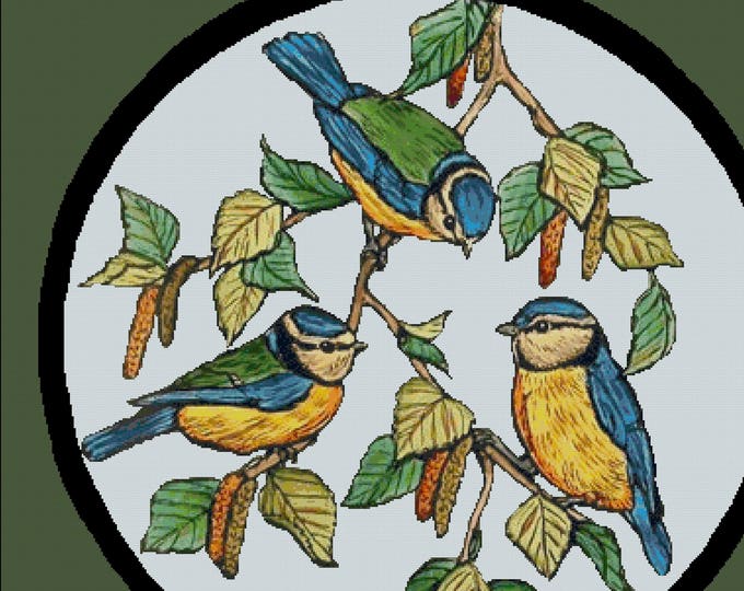 Large SPRING BIRDS Cross Stitch Pattern (approx. 19"x19")(Color Key & Charts)