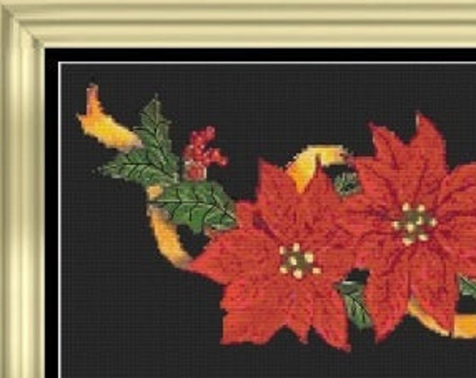 CHRISTMAS POINSETTIAS and HOLLY with Bells Cross Stitch Pattern (approx. 18"x 6")(Enlarged Color Keys & Charts)