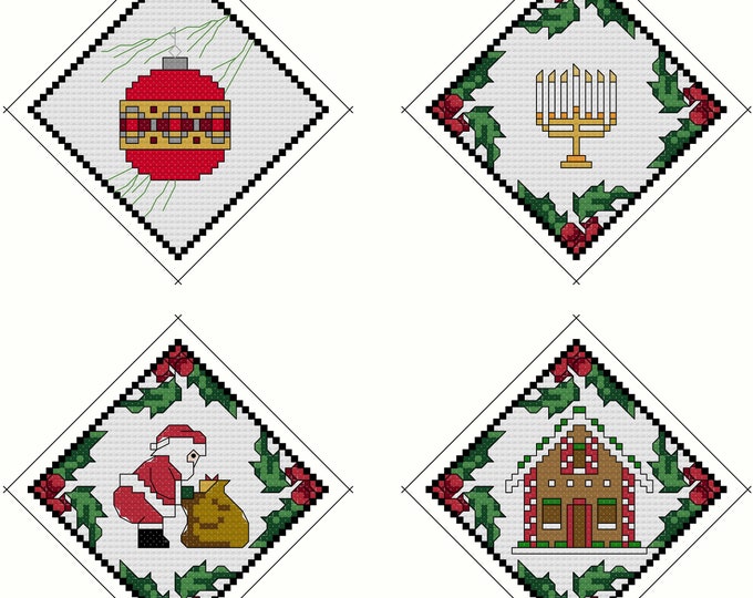4 CHRISTMAS ORNAMENTS "Set of 4"  Counted Cross Stitch - Needlepoint (approx. 2.75"x 2.75") (Color Key & Charts) (Sewing Instructions)