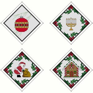 4 CHRISTMAS ORNAMENTS &quot;Set of 4&quot;  Counted Cross Stitch - Needlepoint (approx. 2.75&quot;x 2.75&quot;) (Color Key & Charts) (Sewing Instructions)