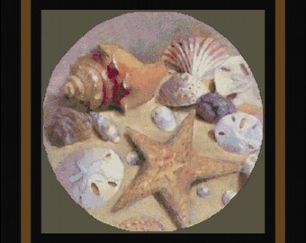 SEASHELLS  Cross Stitch Pattern (approx. 13.75" x 13.75") (B+W and Color Charts with Key) Nautical Theme