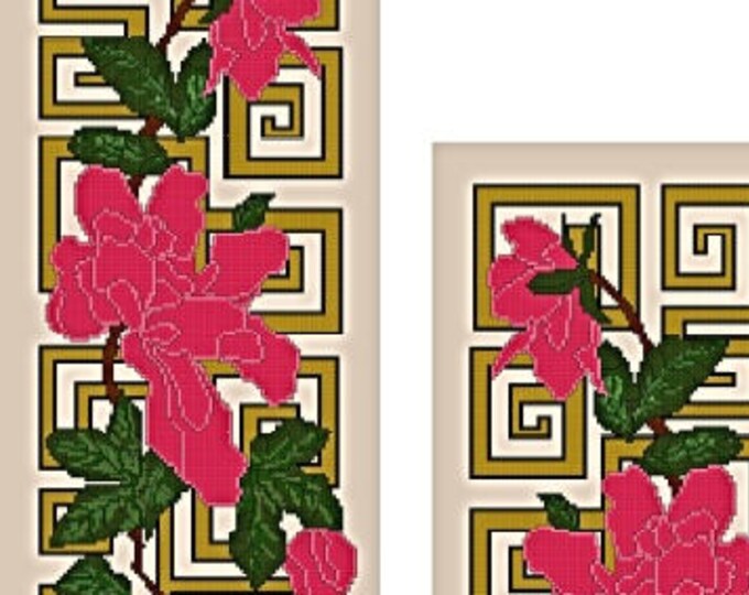 Two "ORIENTAL FLOWER PANELS" Cross Stitch Pattern (approx. 5"x12" each) (Color Key & Charts) Wall Art