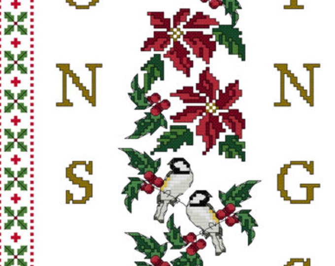 SEASONS GREETINGS with Birds and Poinsettias Holiday Panel...  Cross Stitch Pattern (approx. 6.5"x 24")(Color Key & Chart)