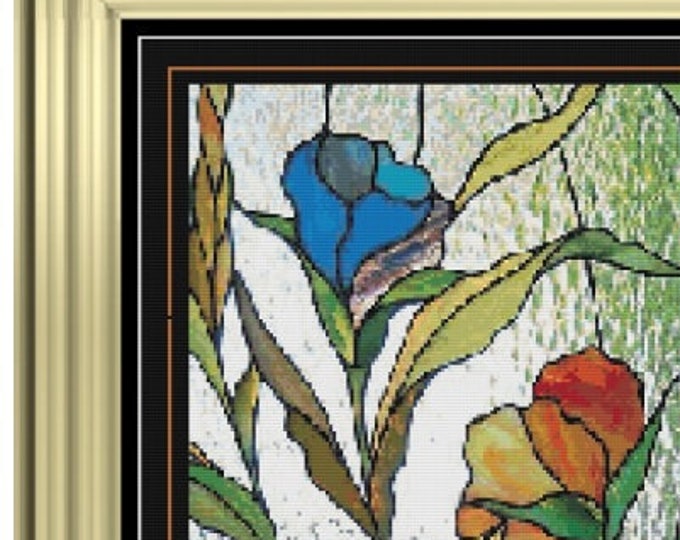 Large STAINED GLASS FLOWERS Panel Cross Stitch / Needlepoint Pattern (approx. 9.5"x 19")(Color Key & Charts included)