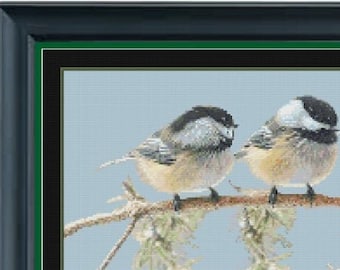 Trio of WINTER CHICKADEES  Cross Stitch Pattern (approx. 13.4"x 6.5") (Enlarged B+W and Color Key & Chart)