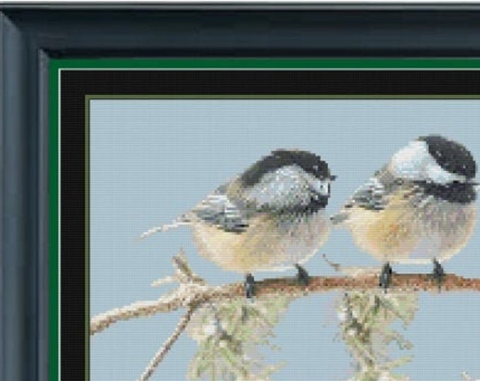 Trio of WINTER CHICKADEES  Cross Stitch Pattern (approx. 13.4"x 6.5") (Enlarged B+W and Color Key & Chart)