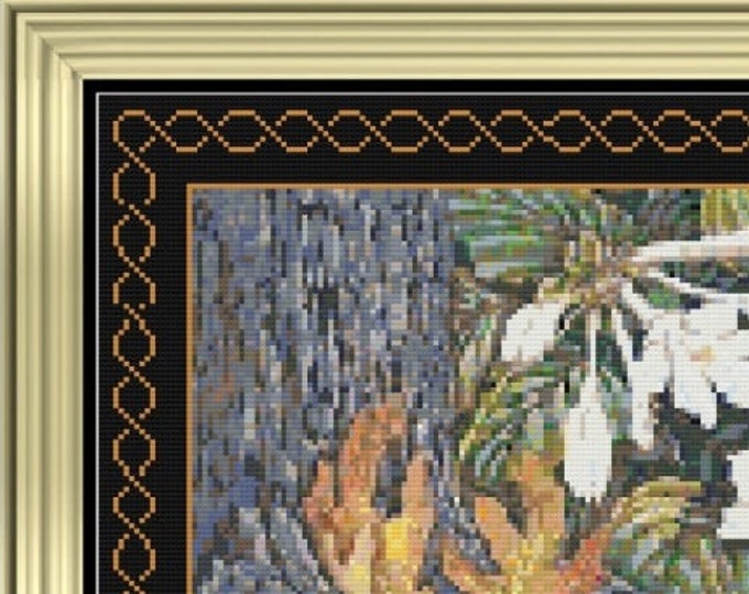 WOODLAND HOSTA with Celtic Border Cross Stitch / Needlepoint digital pattern (approx. 14.3"x 11.2")(Enlarged B&W and Color Charts with Key)