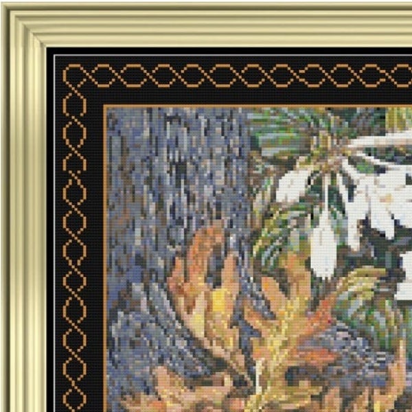 WOODLAND HOSTA with Celtic Border Cross Stitch / Needlepoint digital pattern (approx. 14.3"x 11.2")(Enlarged B&W and Color Charts with Key)