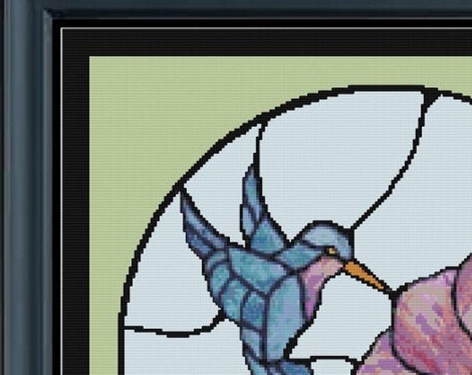 HUMMINGBIRD STAINED GLASS Style Cross Stitch Pattern (approx. 11"x 11")(Color Key & Charts included)