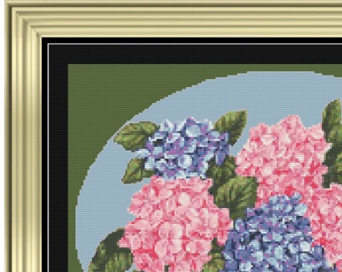 NEW Pinks and Blues "HYDRANGEAS"  Cross Stitch Pattern (approx. 10.75"x 8.45") (BW and Color Charts with Key) Reduced number of Colors