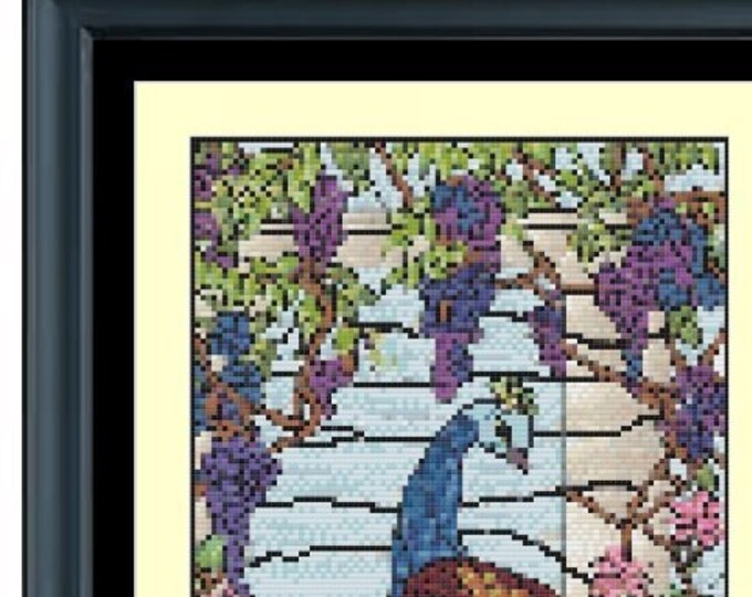 TIFFANY STYLE PEACOCK 2 Stained Glass Style Cross Stitch / Needlepoint Pattern (approx. 5.5" x 11")(Color Key & Charts included)