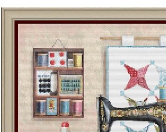 SEWING SAMPLER Singer Trundle and Quilt Cross Stitch Pattern (approx. 11"x 11")(BW and Color Key & Charts)