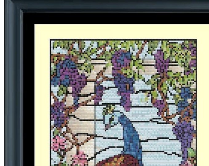 TIFFANY STYLE PEACOCK 1 Stained Glass Style Cross Stitch / Needlepoint Pattern (approx. 5.5" x 11")(Color Key & Charts included)