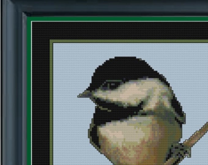 New CHICKADEE and PINE Cross Stitch Pattern (approx. 6"x 8.75") (B+W and Color Key & Chart) Only 41 Colors
