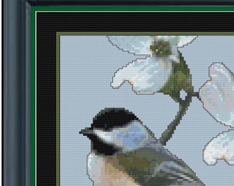 New CHICKADEE and DOGWOOD  Cross Stitch Pattern (approx. 6"x 8.75") (B+W and Color Key & Charts) Only 48 Colors
