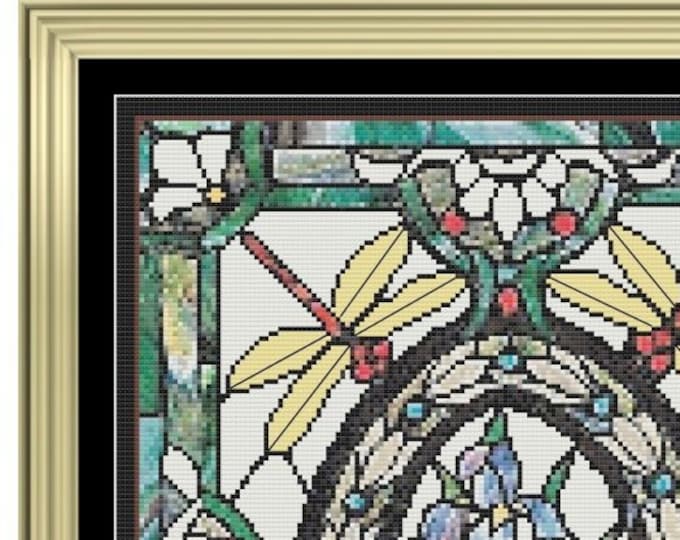 TIFFANY STYLE DRAGONFLIES Stained Glass Style Cross Stitch Pattern (approx. 9.25" x 11.5")(Color Key & Chart included)