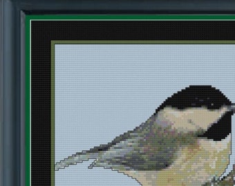 New CHICKADEE and BERRIES  Cross Stitch Pattern (approx. 6"x 8") (B+W and Color Charts with Key) Only 48 Colors