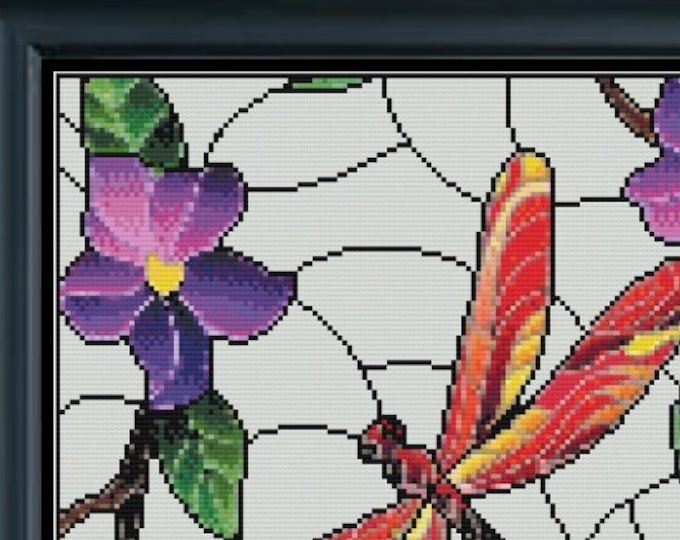 DRAGONFLY and MORNING GLORY Stained Glass Style Cross Stitch 22ct Pattern (approx. 7.6"x 10.7")(Enlarged Color Key & Charts)