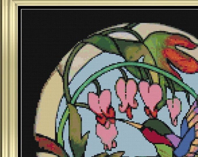 HUMMINGBIRD with Bleeding Hearts Cross Stitch Pattern (approx. 10"x 10")(Color Key & Chart included)