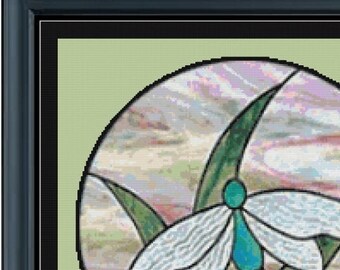 DRAGONFLY STAINED GLASS Style Cross Stitch Pattern (approx. 11"x 11")(Color Keys & Charts included)