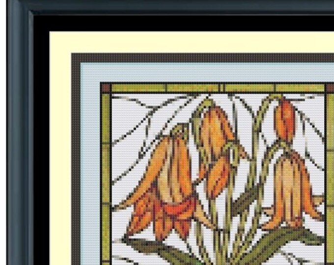 LILY STAINED GLASS Style Cross Stitch Pattern (approx. 7"x 10")(Color Key & Charts included)