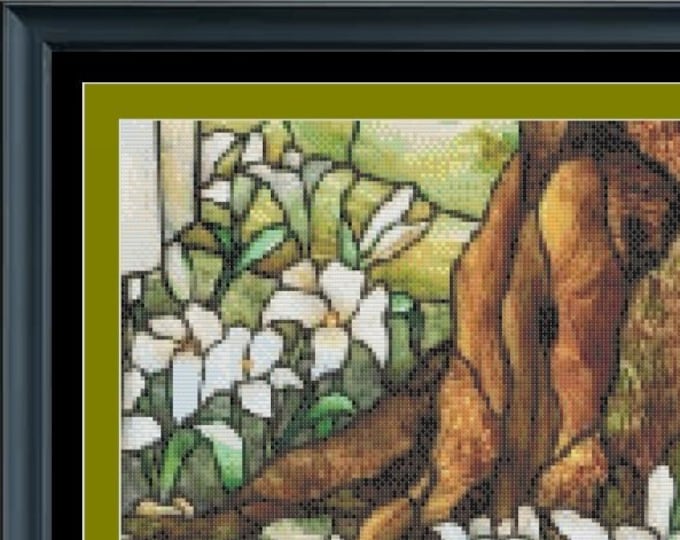 WOODLAND - STAINED GLASS Style Cross Stitch / Needlepoint Pattern (approx.  7.9" x 11")(B-W and Color Key & Charts included)