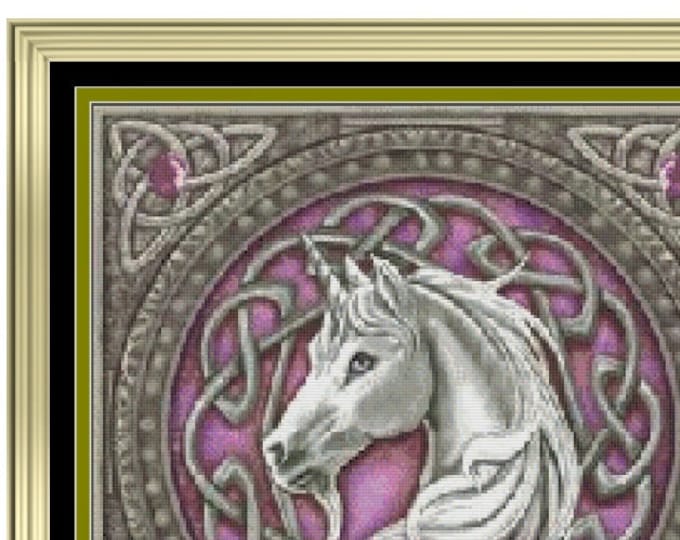 UNICORN  CELTIC FANTASY Cross Stitch / Needlepoint Pattern (approx.  12" x 12")(B-W and Color Key & Charts included)
