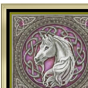 May include: A white unicorn head with a silver Celtic knot design around it. The background is a purple color.