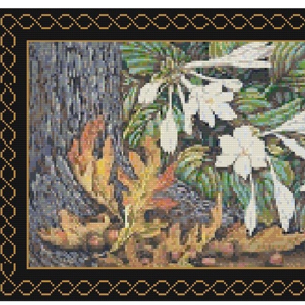 WOODLAND HOSTA NEEDLEPOINT with Optional Celtic Border Pattern (approx. 14.3"x 11.2")(Enlarged B&W and Color Charts with Key)
