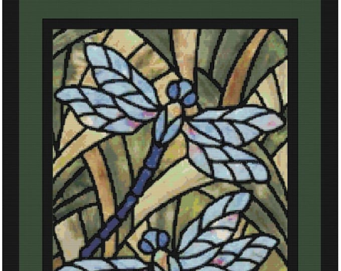 STAINED GLASS DRAGONFLIES Cross Stitch Pattern (approx. 11.25"x 16.25")(Color Key & Chart included)