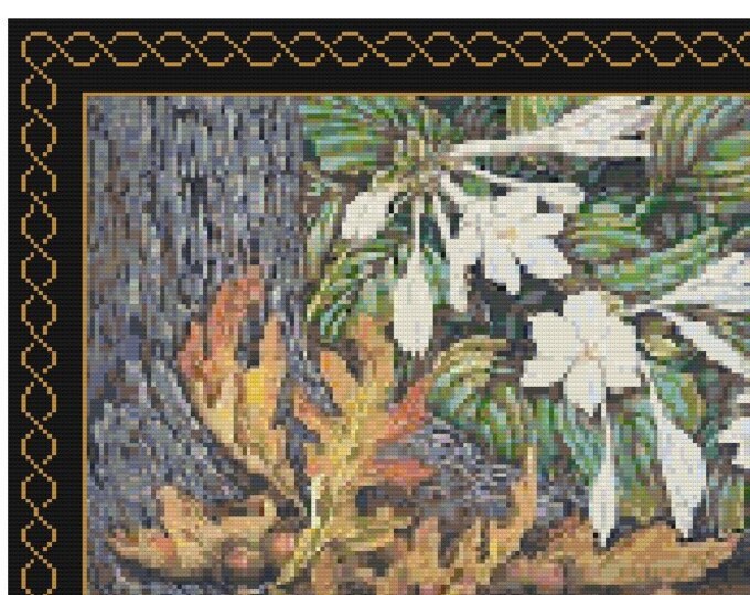 WOODLAND HOSTA NEEDLEPOINT with Optional Celtic Border Pattern (approx. 14.3"x 11.2")(Enlarged B&W and Color Charts with Key)