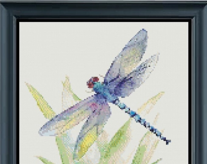 WATER COLOR DRAGONFLY Cross Stitch 18ct Pattern (approx. 7.6"x 10.7")(Enlarged Color Key & Charts) Water Color Style