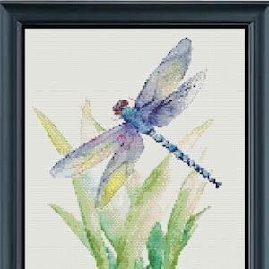 WATER COLOR DRAGONFLY Cross Stitch 18ct Pattern (approx. 7.6&quot;x 10.7&quot;)(Enlarged Color Key & Charts) Water Color Style