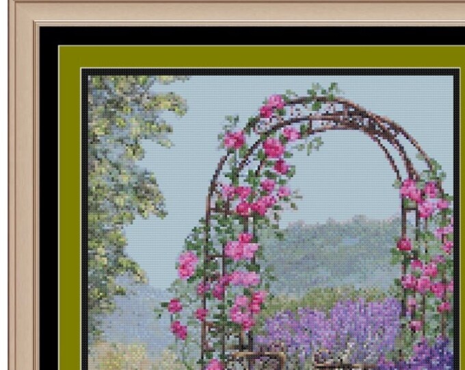 SPRING-GARDEN ARCH Cross Stitch / Needlepoint Pattern (approx.  7.3" x 9.3")(B-W and Color Key & Charts included)