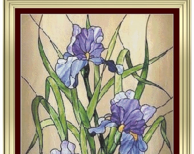 Large IRIS FLOWERS Panel Stained Glass Style Cross Stitch / Needlepoint Pattern (approx. 12"x 17")(Color Key & Charts included)