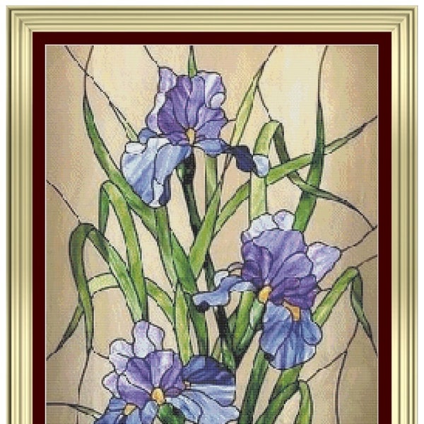 Large IRIS FLOWERS Panel Stained Glass Style Cross Stitch / Needlepoint Pattern (approx. 12"x 17")(Color Key & Charts included)