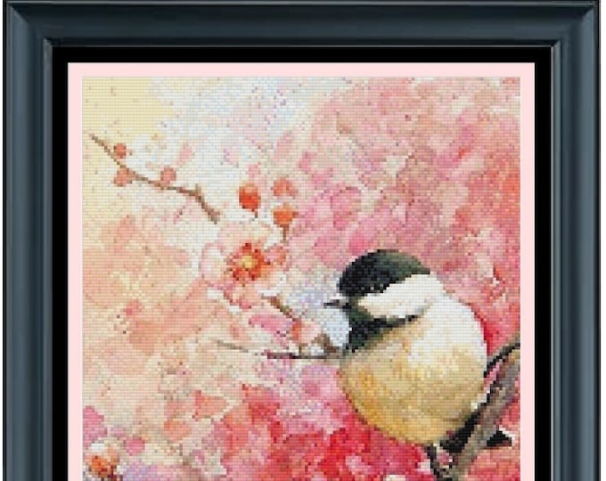 WATER COLOR CHICKADEE Cross Stitch 18ct Pattern (approx. 7.8"x 11")(Enlarged Color Key & Charts) Water Color Style