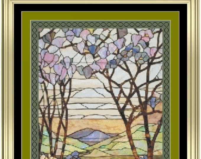 Large ENCHANTED GROVE Stained Glass Style Cross Stitch / Needlepoint Pattern (approx. 11.1"x 15.6")(Color Key & Charts included)